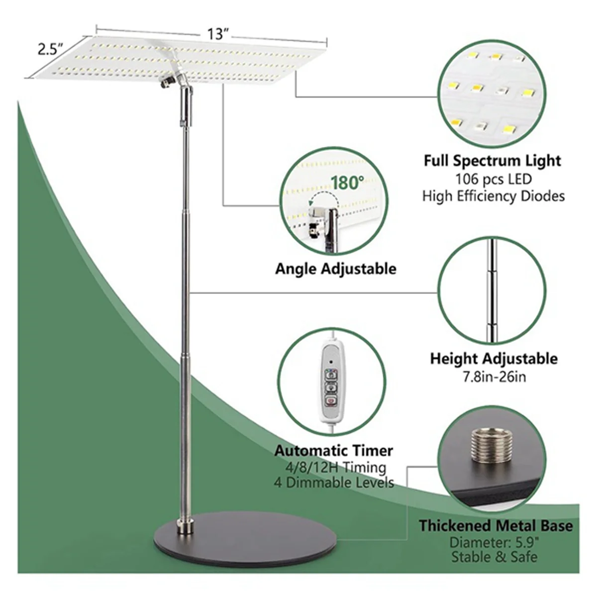 Planta LED de espectro completo para plantas, altura ajustável, lâmpada crescente com temporizador de ligar e desligar automático, 4H, 8H, 12H