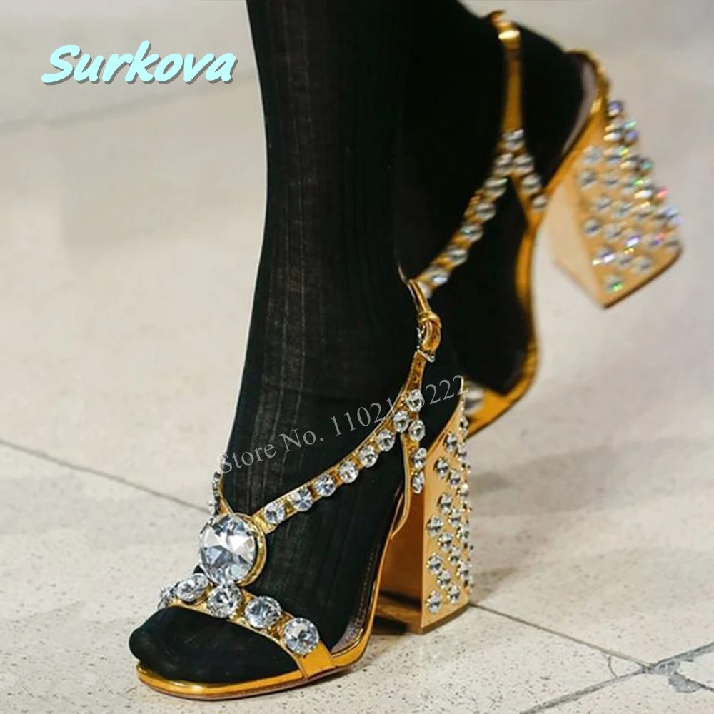 

Gold Rhinestone Luxury Sandals Solid Buckle Strap Chunky High Heel Hottest Fashion Sexy 2024 Summer Women Party Dress Shoes