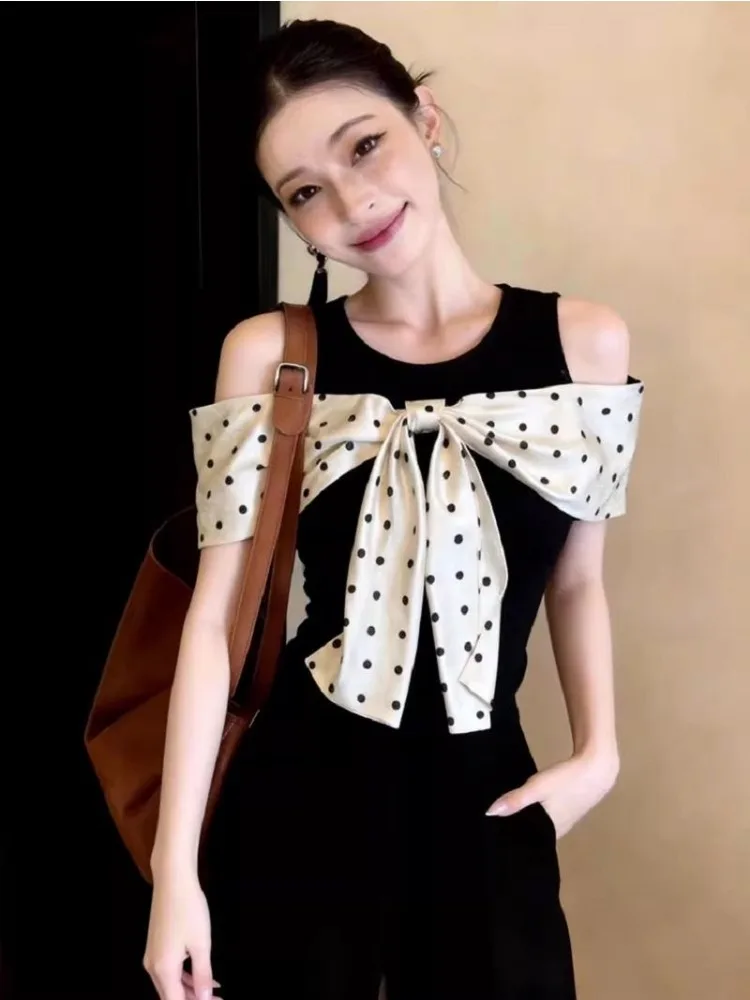 

Fashion Polka Dot Bow Off-the-Shoulder Short-Sleeve Summer T-Shirt Versatile Top for Women New Tees Shirts Vintage Tops