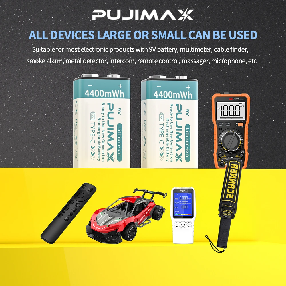 PUJIMAX Type-C Rechargeable 9V Lithium Ion Battery 4400mWh High Capacity for Guitar Microphone Smoke Detector with Type-C Cable