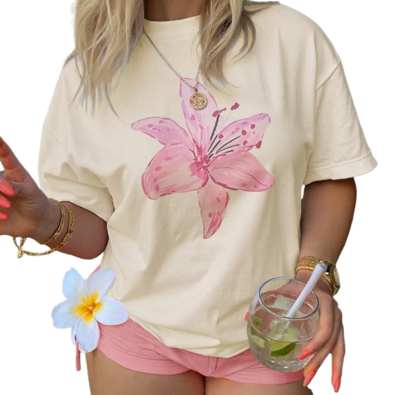 

Summer American Ins Personalized Female Floral Minimalist Printed T-shirt Fashionable Y2k Retro Casual Street Clothing Top