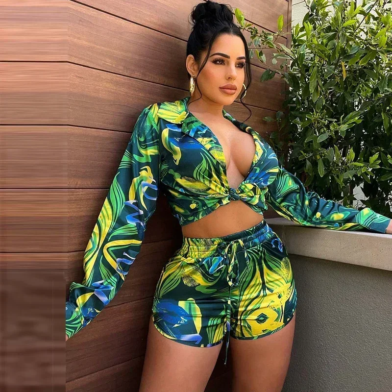 

GUWU Sexy Print Two Piece Set Clothes for Women Shorts Long Sleeve Shirts 2024 Fashion Club Matching Sets