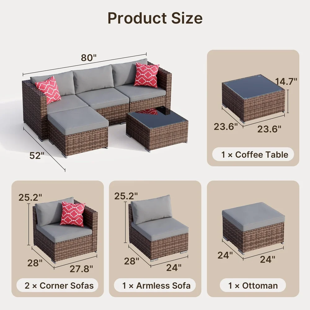 5 Piece Outdoor Wicker Sofa Set with Coffee Table PE Rattan Grey