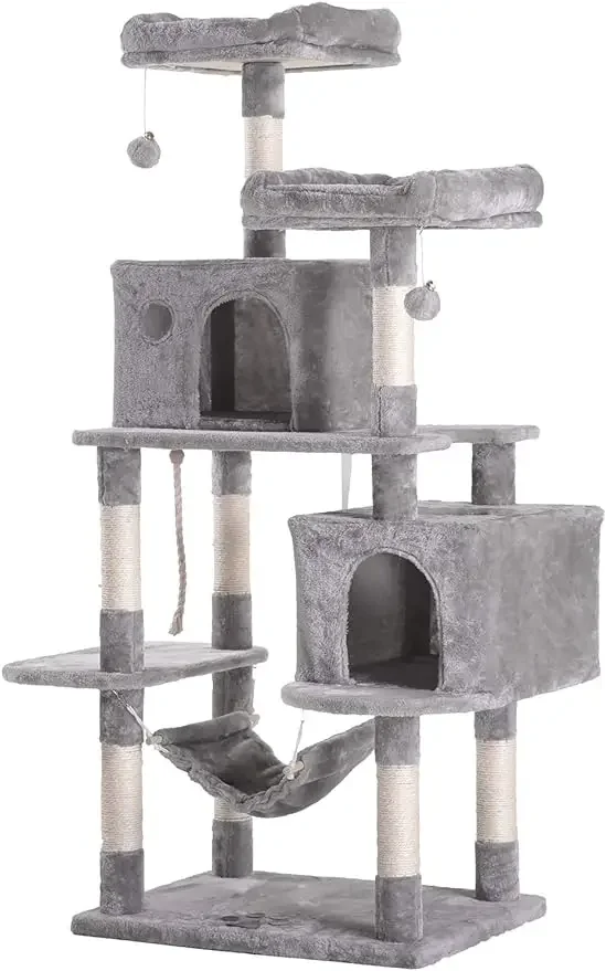 Covered Scratching Posts, 2 Bigger Plush Condos, Perch Hammock For Kittens, Cats And Pets Light Gray