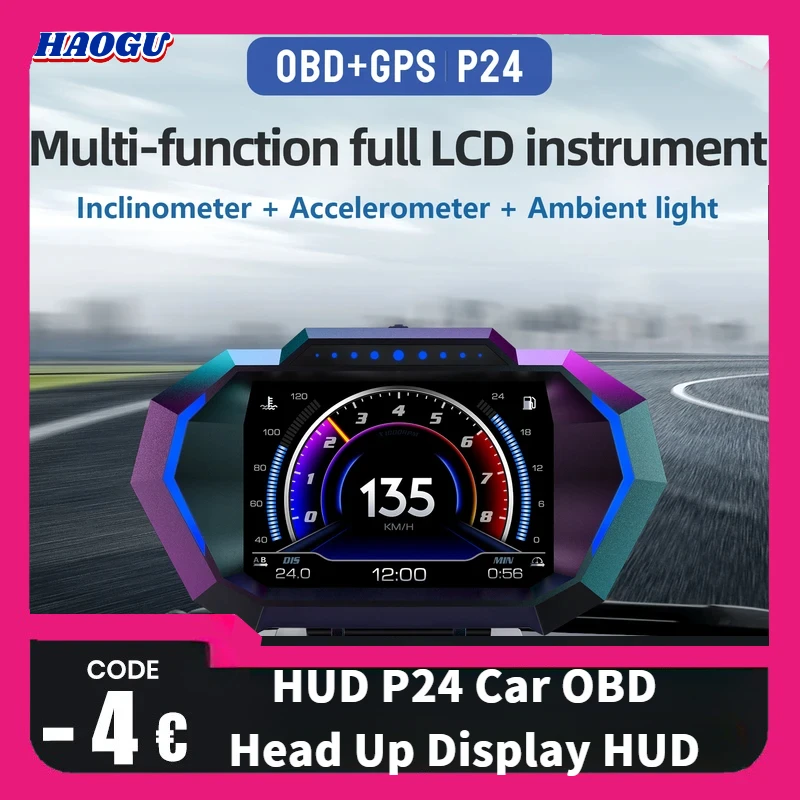 

HAOGU GPS HUD P24 Автомобильный OBD Проекционный дисплей HUD бортового компьютера Цифровой спидометр Температура воды Измеритель наклона потребления топлива