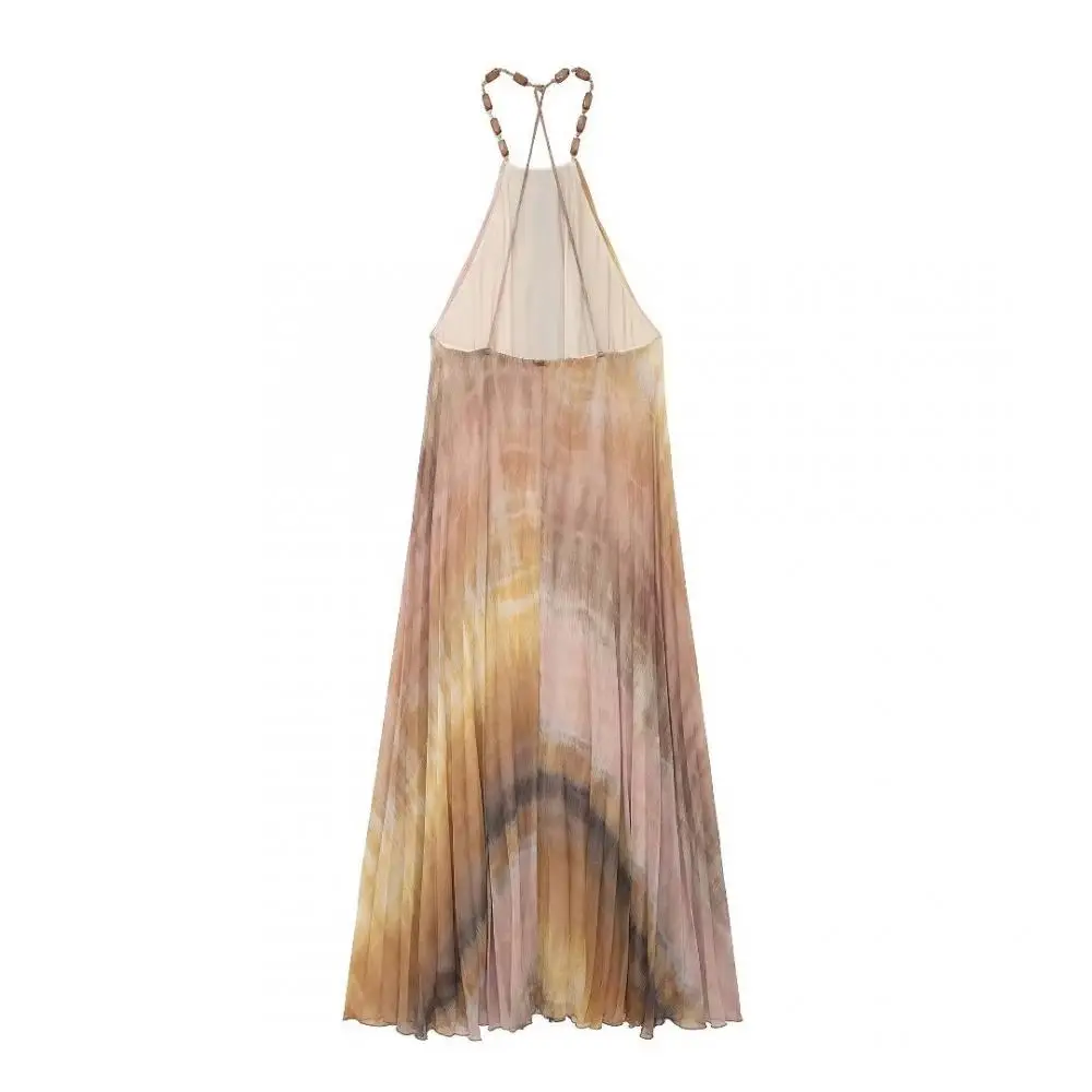 

Woman Fashion Sexy Party Beading Hanging Collar Sleeveless Dress Female Summer Tie Dyed Gradient Pleated Halter Midi Dresses