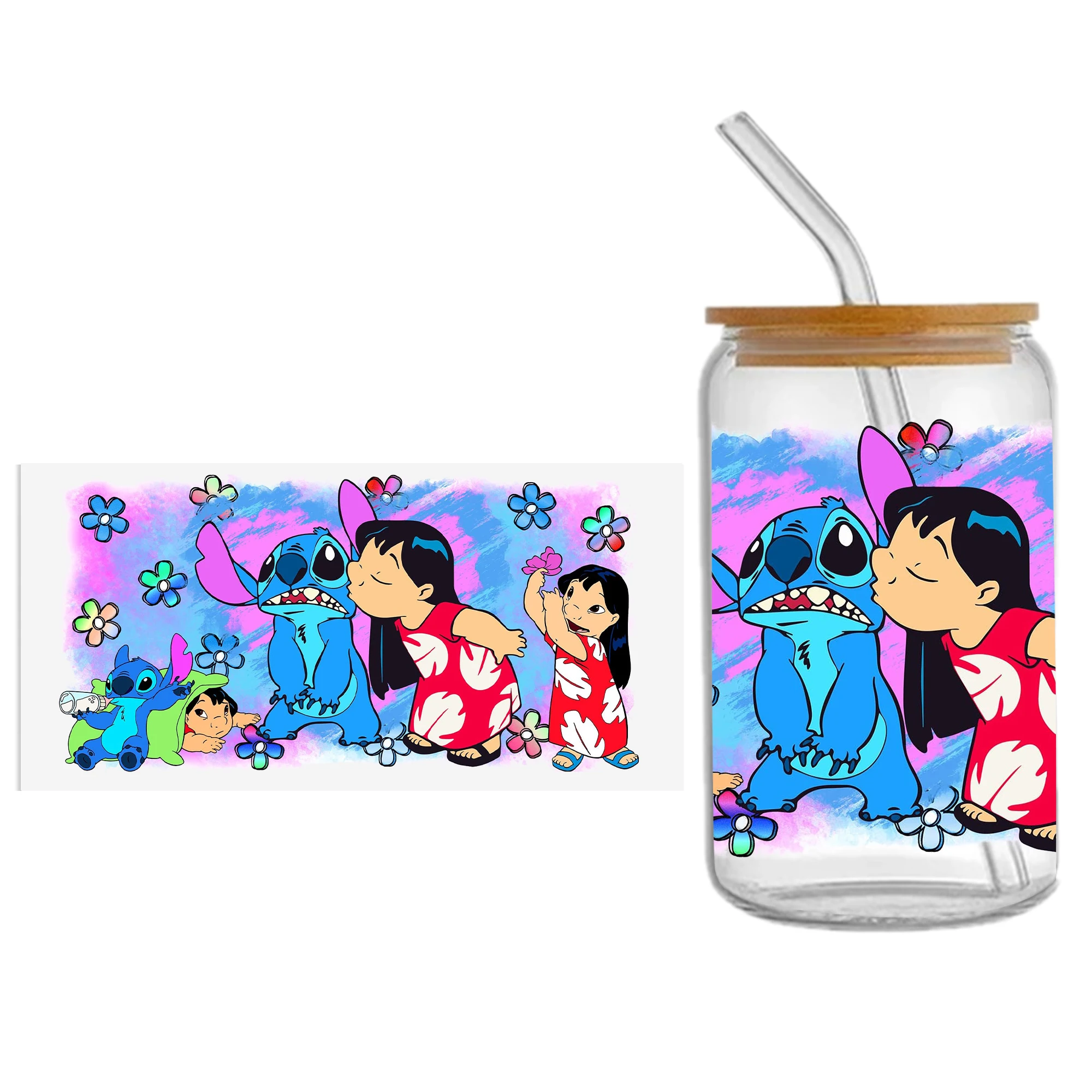 Lilo und Stitch16oz dtf Aufkleber Tassen cool personalisieren UV-Wrap Transfer Aufkleber benutzer definierte Etikett DIY Logo selbst klebend wasserdicht