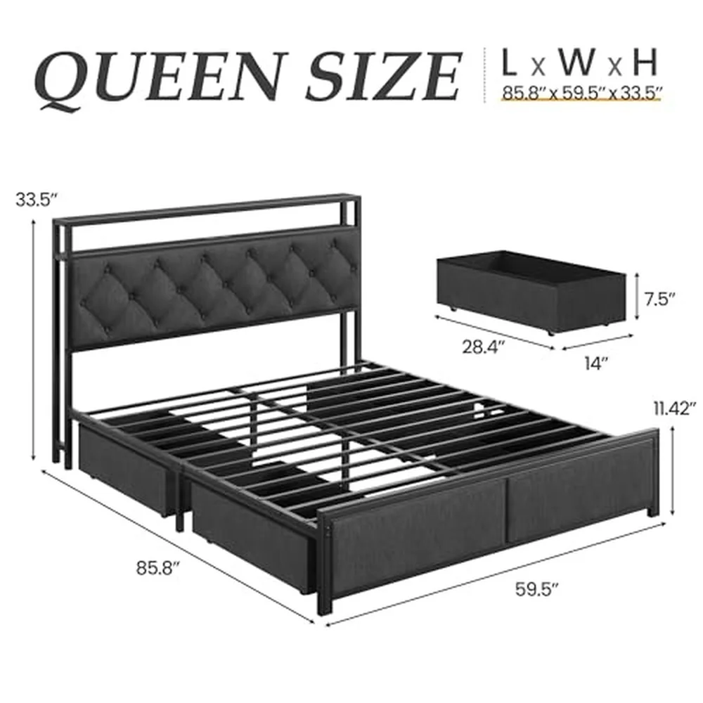 Queen Bed Frame with 4 Drawers Upholstered Headboard with Storage Fast Charging Station LED Lights Bed Frame Queen Size