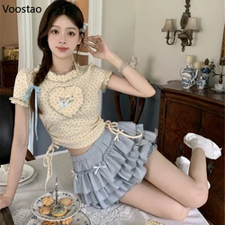 Kawaii Sweet Lolita Style Skirt Sets Women Floral Print Ruffles Hearts Blouse Tops Bow Mini Skirt Suit Japanese Two Piece Set