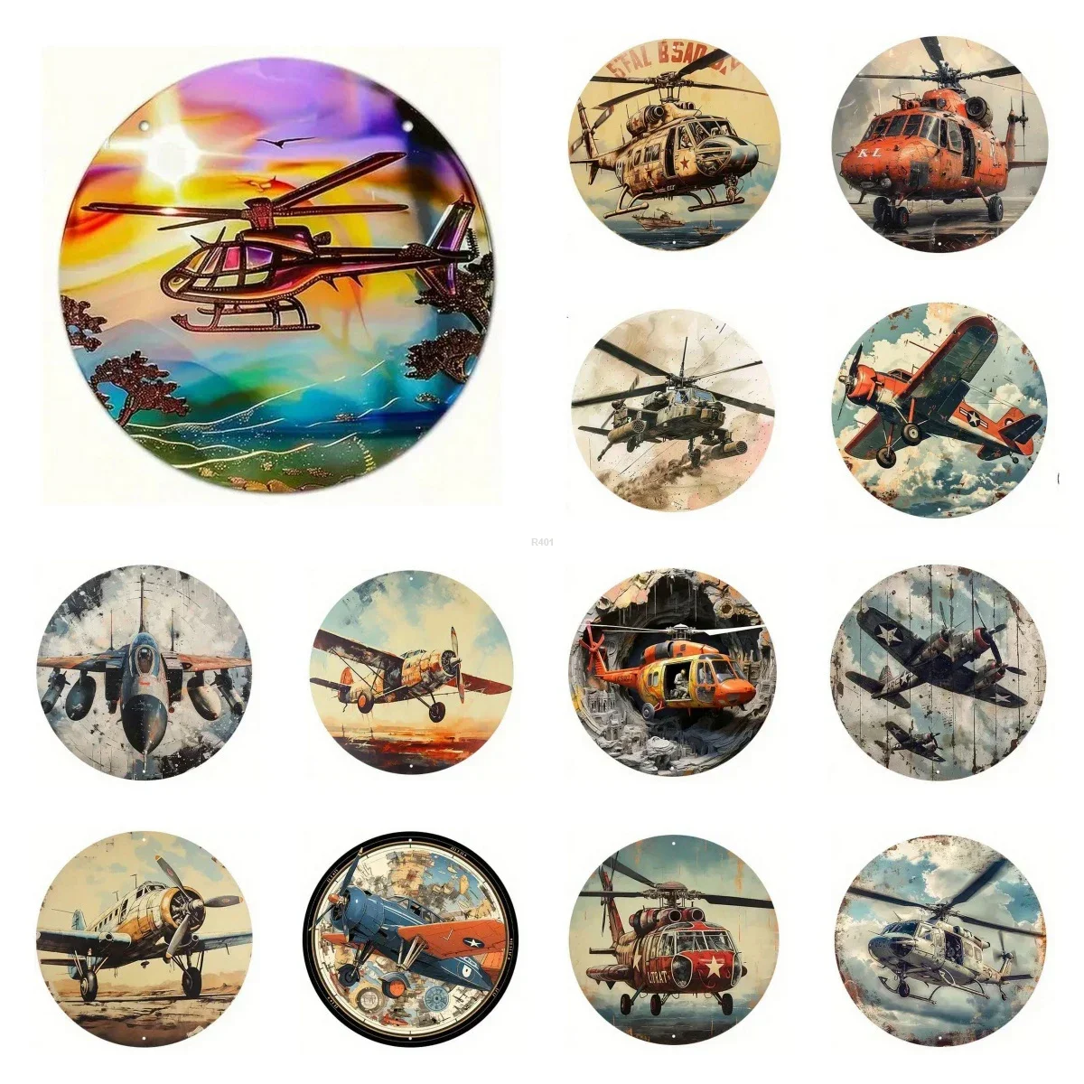 Retro Round Metal Tin Signs 2D Flat Fighter Plane Decor Pattern Nostalgic Iron Painting Novelty for Cafe Bar Man Cave Wall Decor