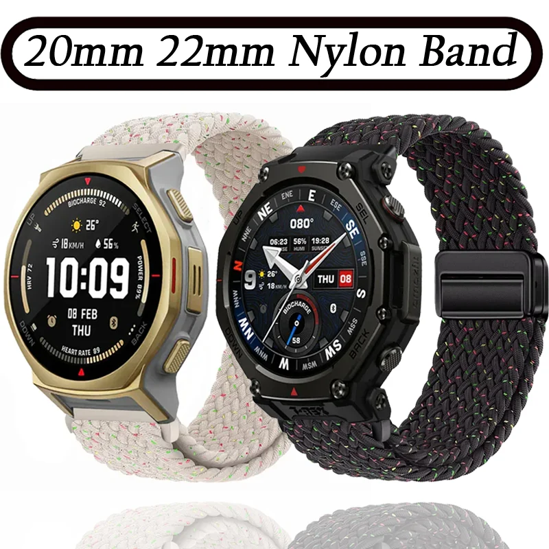 

Ремешок из нейлона 20 мм 22 мм для Amazfit Helio Balance 2/T-Rex3 Pro 48 мм 44 мм, магнитная застежка, браслет для Amazfit Active 2 Bip 6