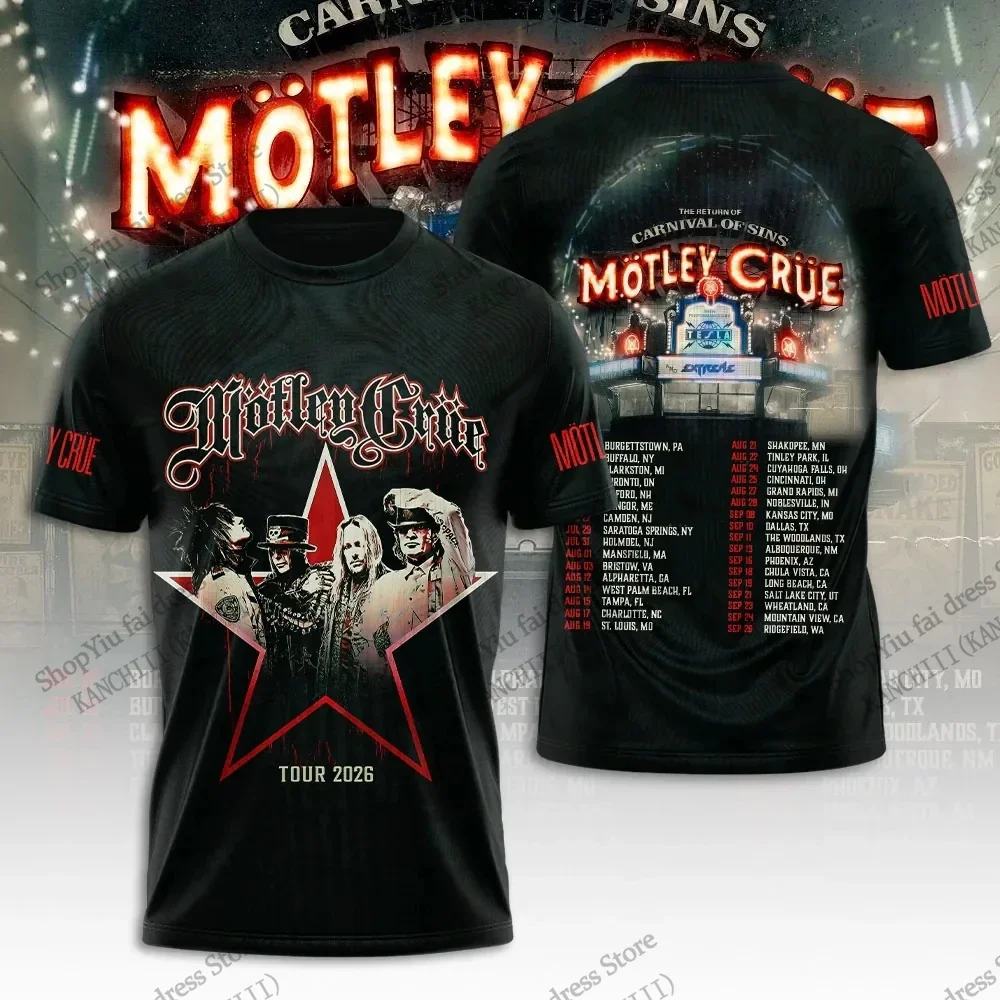 2026 New Summer Fashion T-shirt 3D Print of Motley Crue Heavy Metal Hip-Hop Rock Band, Trendy Short-Sleeve Top for Men and Women