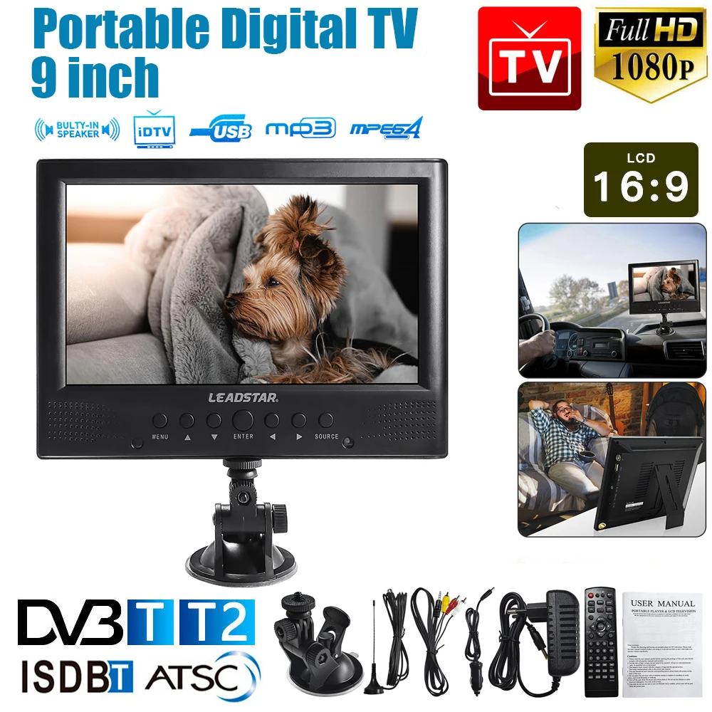 

9 Inch Portable Car TV Player Mini HD Digital Television DVB-T/T2 ISDB-T ATSC Digital Analog Car Television Supports TF Card USB