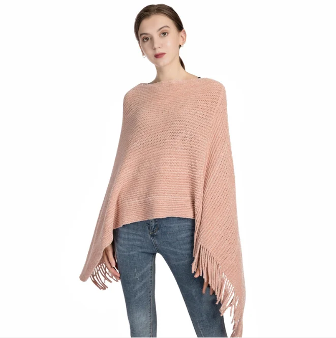 

Chenille Knitted Shawl Women's Autumn Winter New Warm Tassel Silver Silk Pullover Cloak Girl's Outdoor Sweater Coat Pink