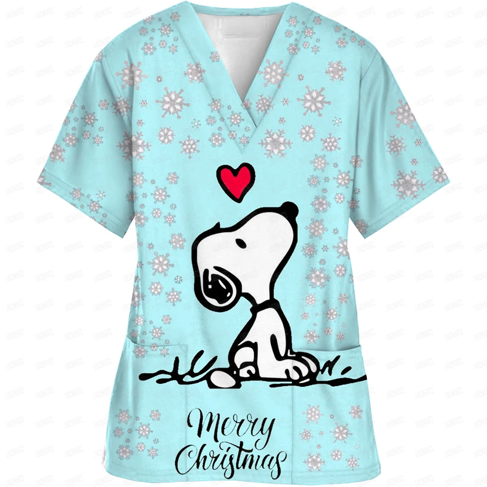 Snoopy cartoon print Nurse Uniform V-Neck Pocket Scrubs Tops Women Working Clothes Overalls Medical Uniforms y2k top