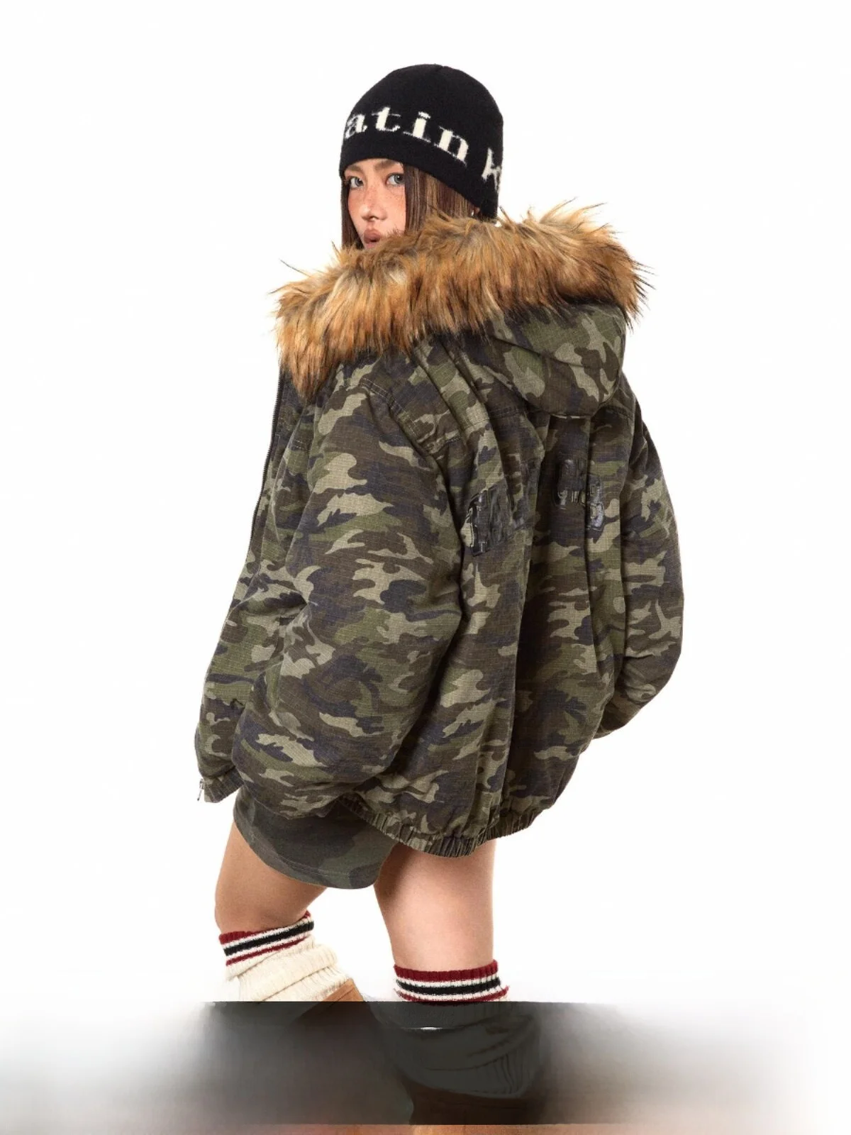 

American Retro Thickened Hooded Camouflage Cotton Jacket Winter Thickened Cotton Coat High-End Feeling Outerwear Blackbb