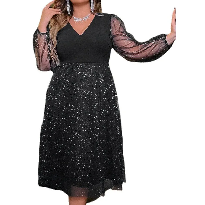 Elegant Women‘s Sexy V Neck Sheer Mesh Sleeve Sequin Midi Dress Ladies Ruffled Party Gown Beauty Plus Size Clothing 2024