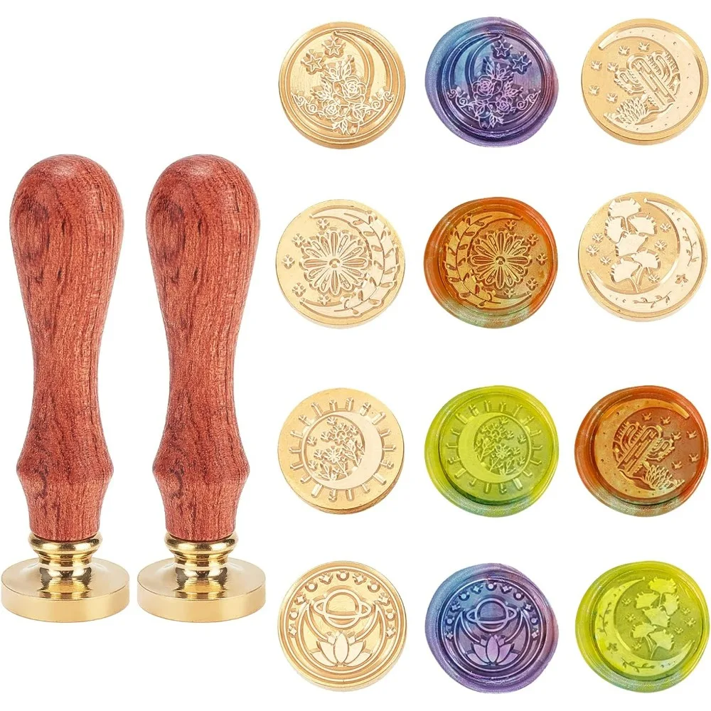 Wax Seal Stamp Kit 6 Pieces Moon Flower Series Rose Cactus Lotus Daisy Ginkgo Sealing Wax Stamp Heads 0.98