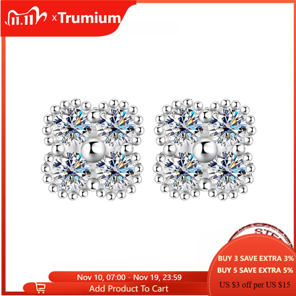 

Женские серьги-гвоздики с муассанитом Trumium 1,2 карата, ювелирные изделия 925, серебряные серьги с четырьмя бриллиантами и маленькими цветами, роскошный изысканный подарок