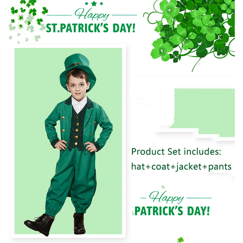 Green Hat Jacket Vest Pants Set for Men and Boys Parent-Child Cosplay Clown Carnival Costumes Irish Festival Saint Patrick'S Day