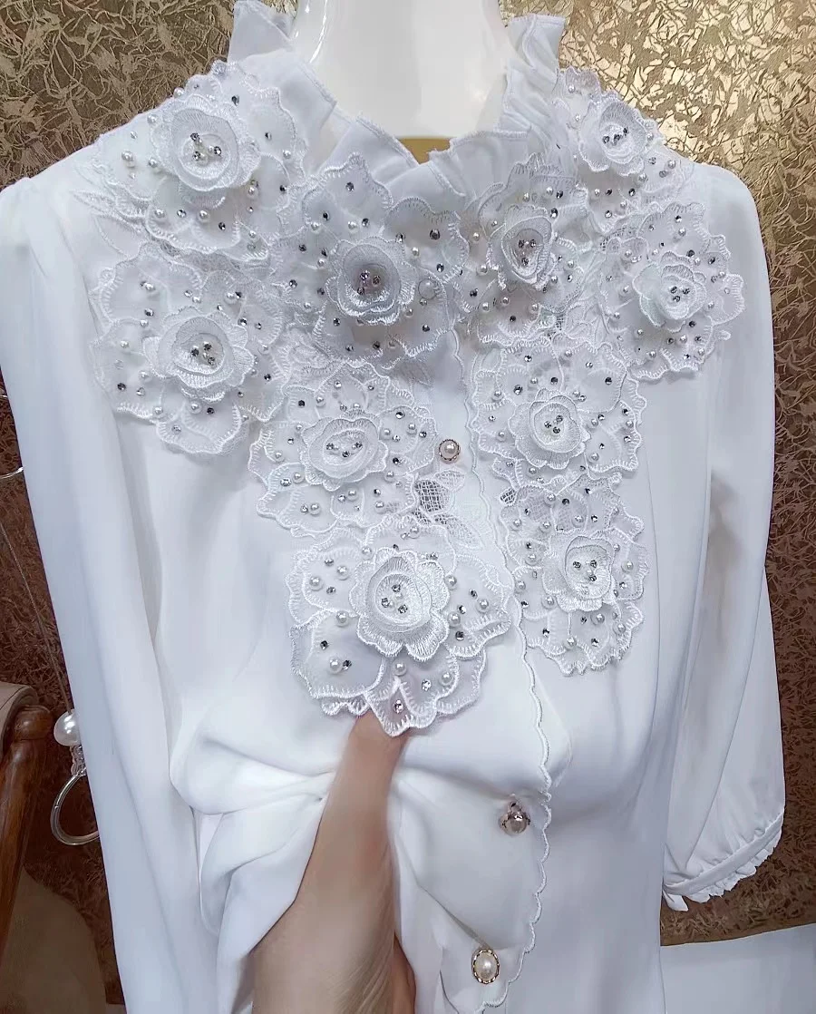 High Luxury Heavy Pearl Diamonds Flowers Stitch Blouse Shirt Women High-End Button Up 2024 Spring White Top Blusas