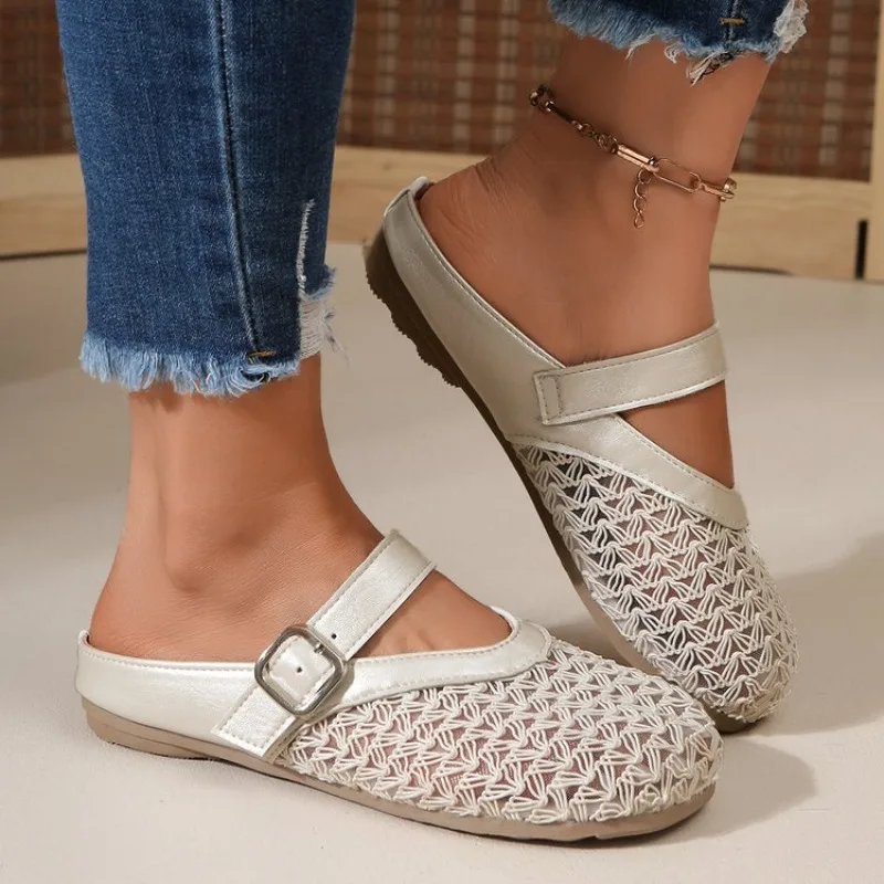 

Women Closed Toe Slippers 2026 Summer New Trendy Mesh Breathable Comfortable Flat Bottom Sandals Hollow Out Fashion Female Shoes