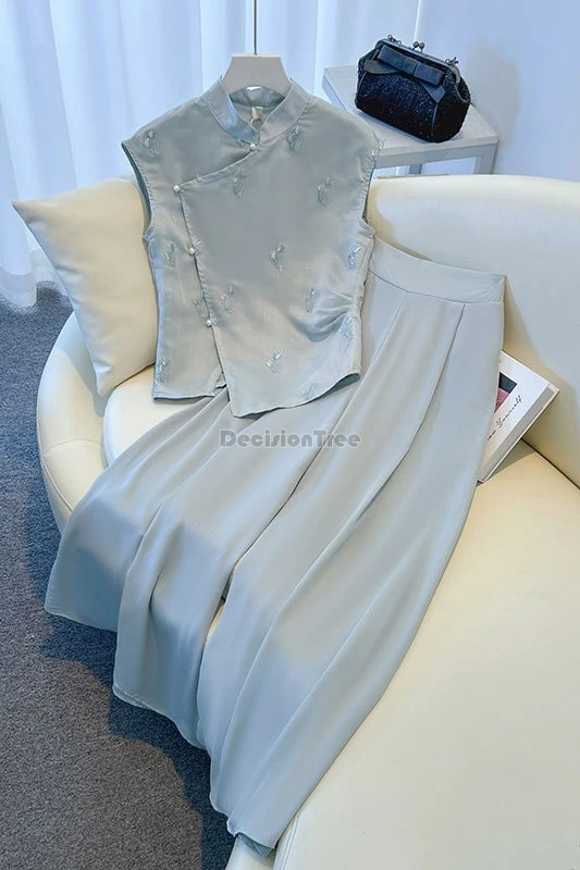 

2025 new chinese style suit stand collar sleeveless choengsam blouse loose long pants two-piece set loose fashion tang suit set