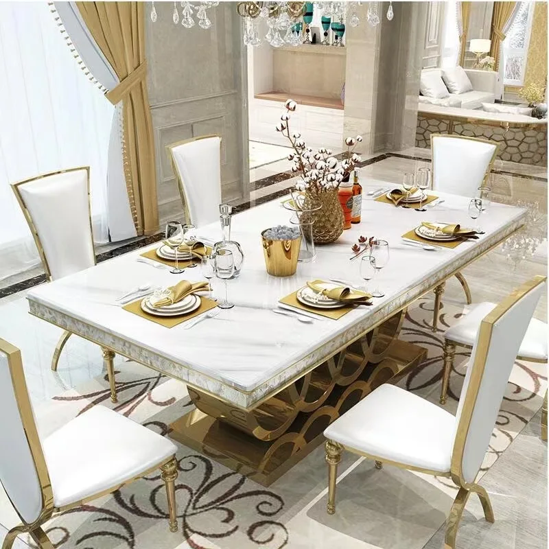 Rectangular dining table Post-modern simple rock table Stainless steel titanium dining table