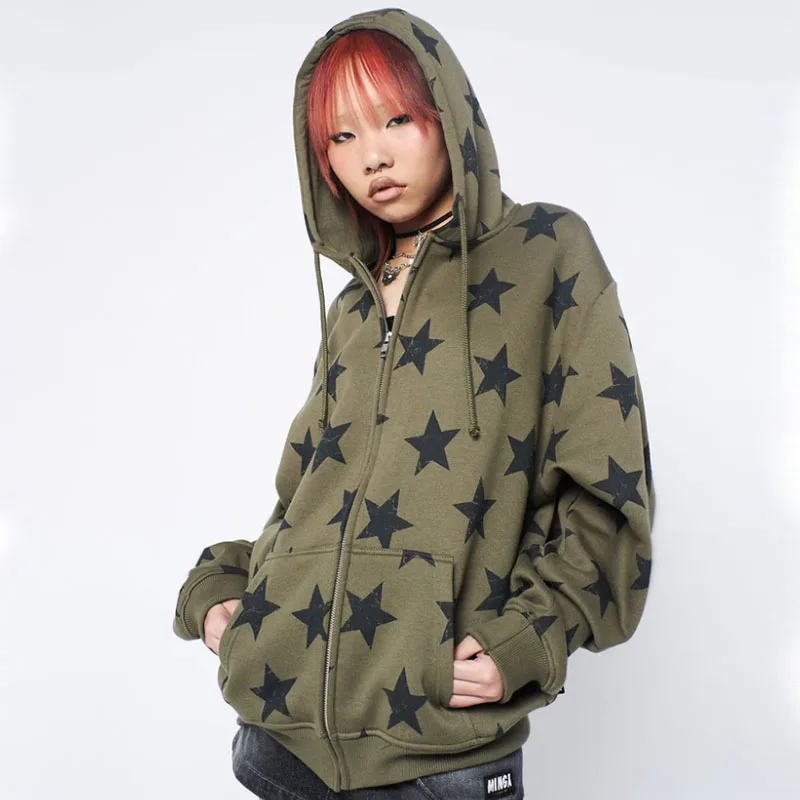 Long Sleeve Zipper Hoodie Harajuku Black Star Graphics Hoodies 00s Autumn Warm Loose Women Jackets Y2k Clothing Goth Sweatshirts