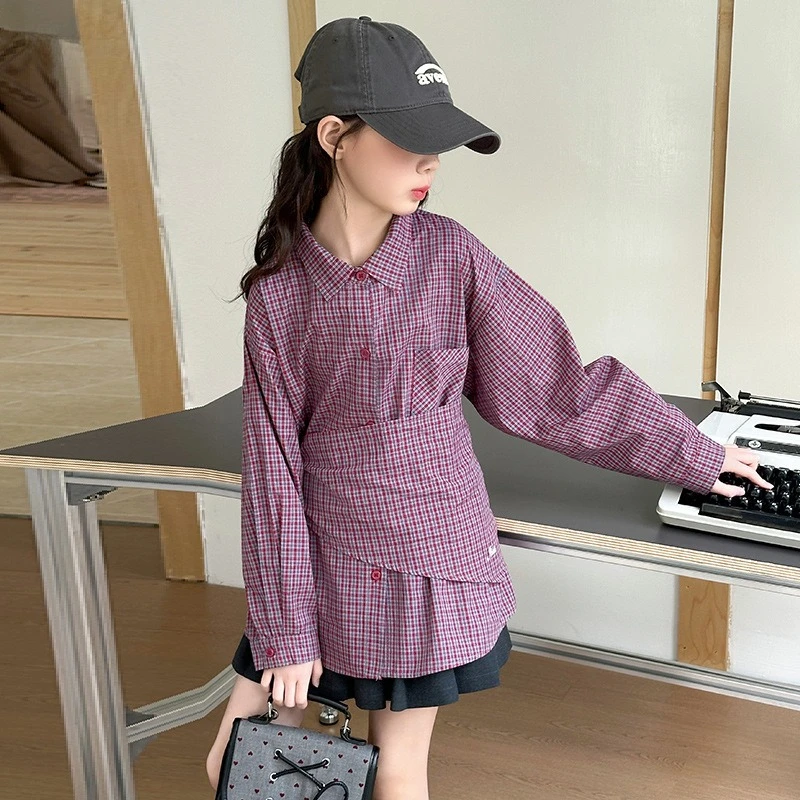 

2025 New Autumn Mid to Large Children's Stylish Long Sleeved Small Grid Retro Style Outerwear Shirt