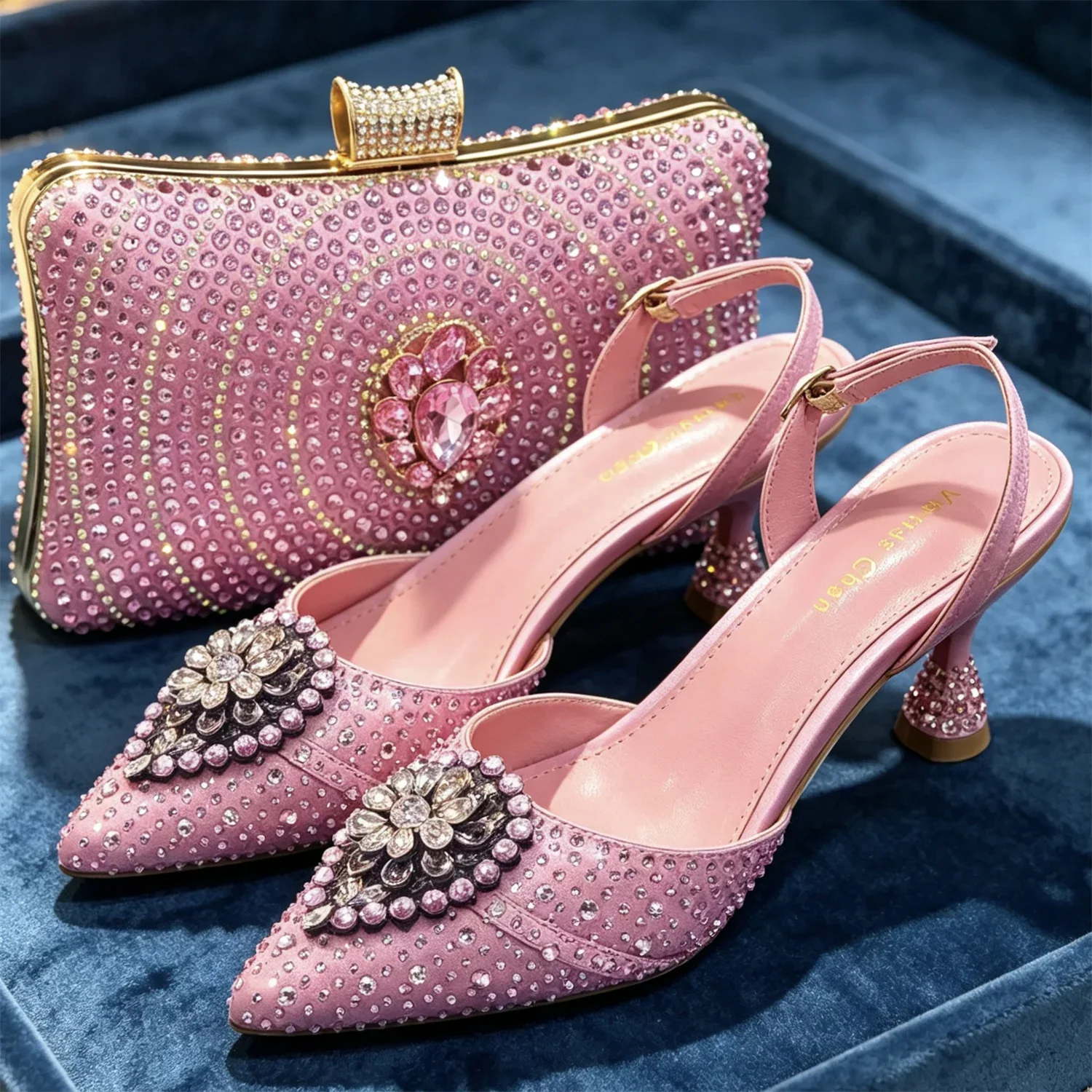 Crystal Rhinestone Heels & Clutch Bag Set Pointed Slingback Heels Women Wedding Prom Party Elegant Formal Matching Shoe Purse