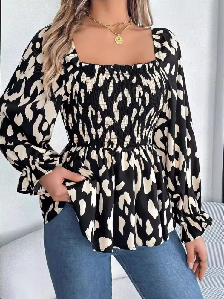 2024 Autumn Winter Women's Clothing New Casual Wood Ear Edge Square Collar Fashionable Leopard Print Long Sleeved Chiffon Shirt