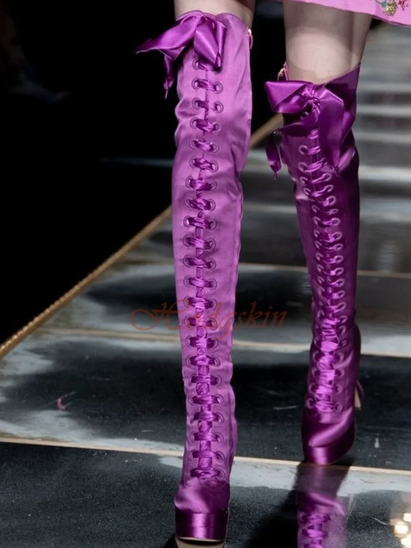 Silk Cross Tied Thigh High Boots Round Toe Platform Chunky High Heels Lace Up Solid Boots Women Sexy Shoes New Style Designer