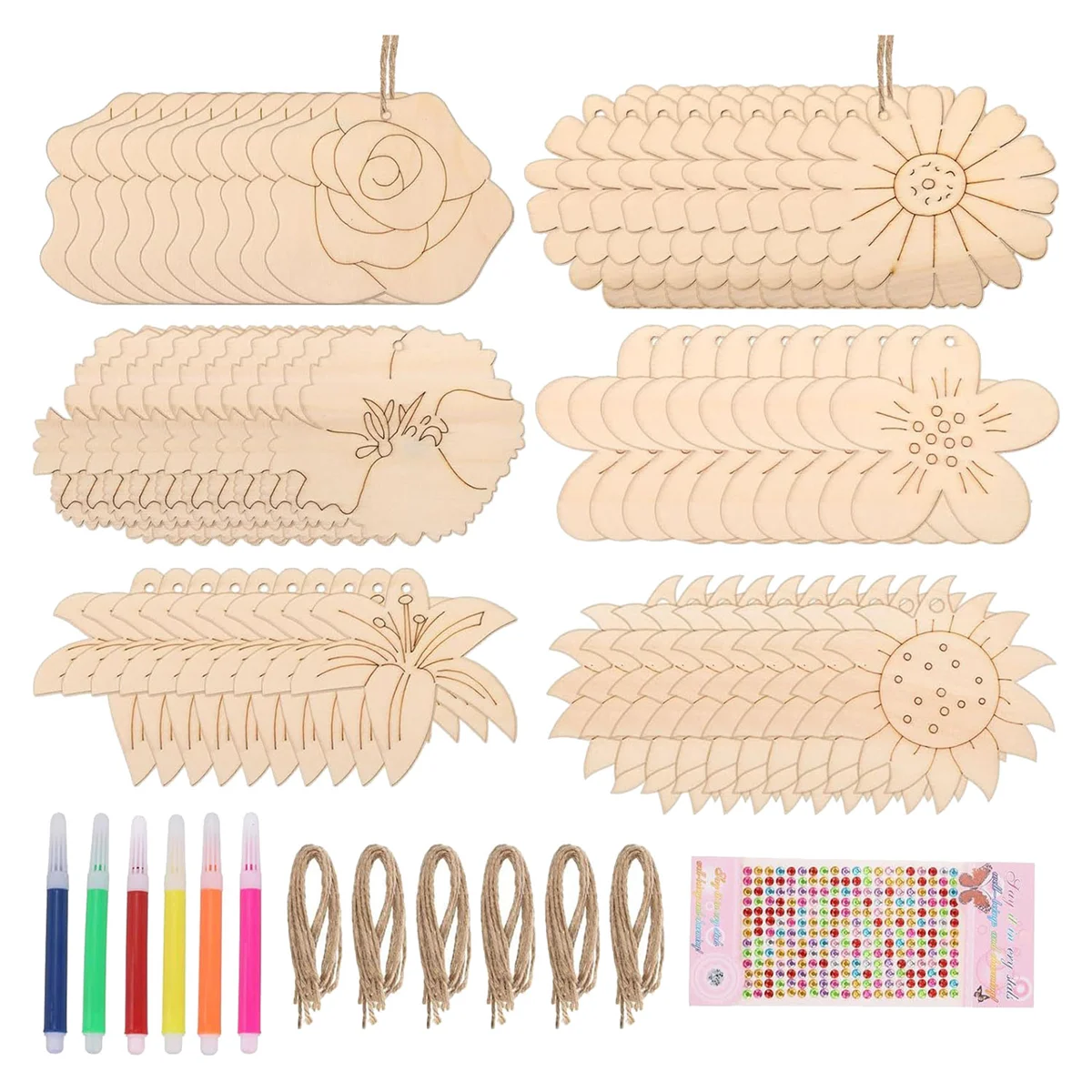 60 Pieces Wooden Flower Cutouts 3 Inch Unfinished Wood Flower Cutouts Slices Blank Wooden Flower Shape Ornaments Flower