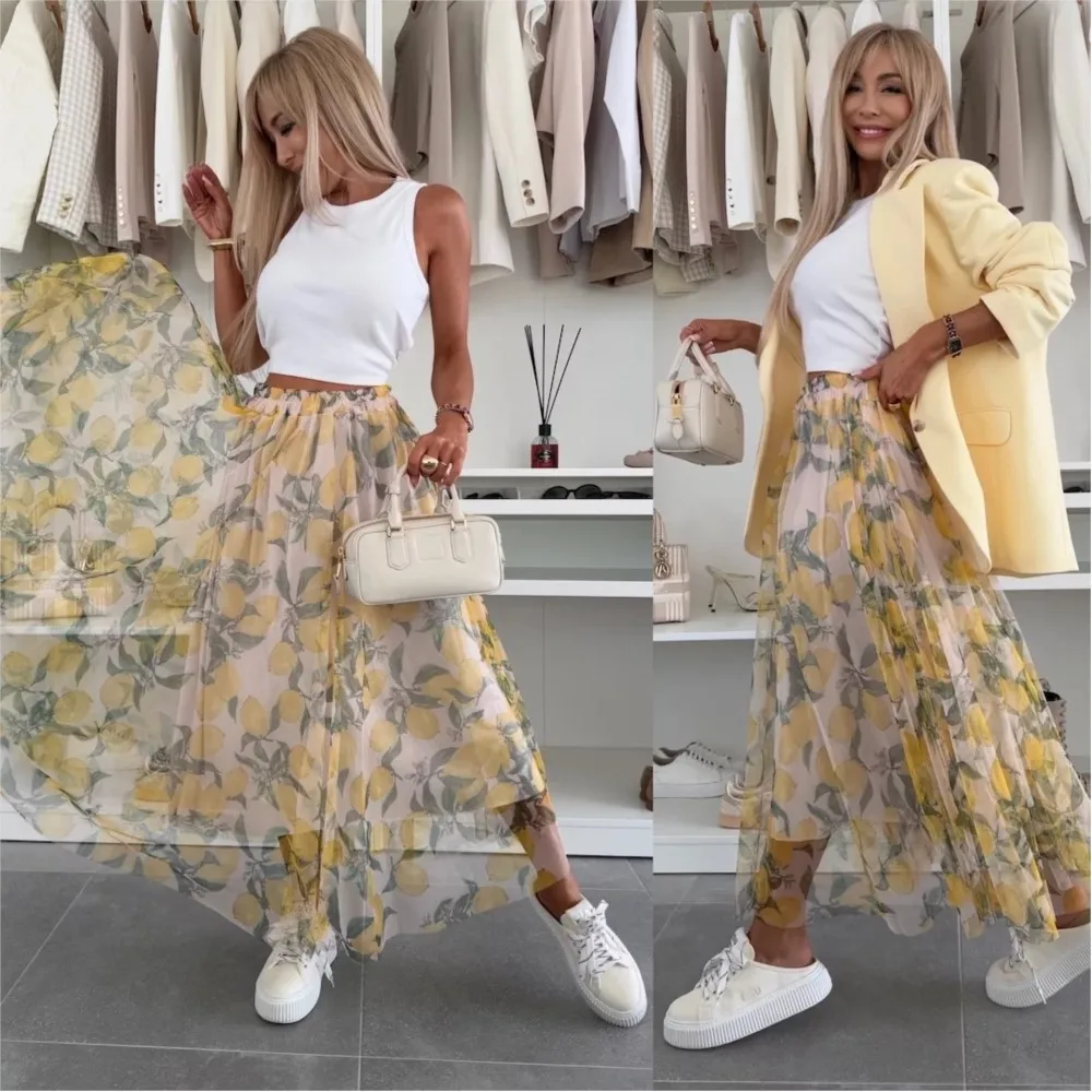

Sweet Girl Skirt 2025 Summer New Mesh Splicing Lemon Yellow Print Elastic Waist Large Swing Casual Skirts For Women Faldas Mujer