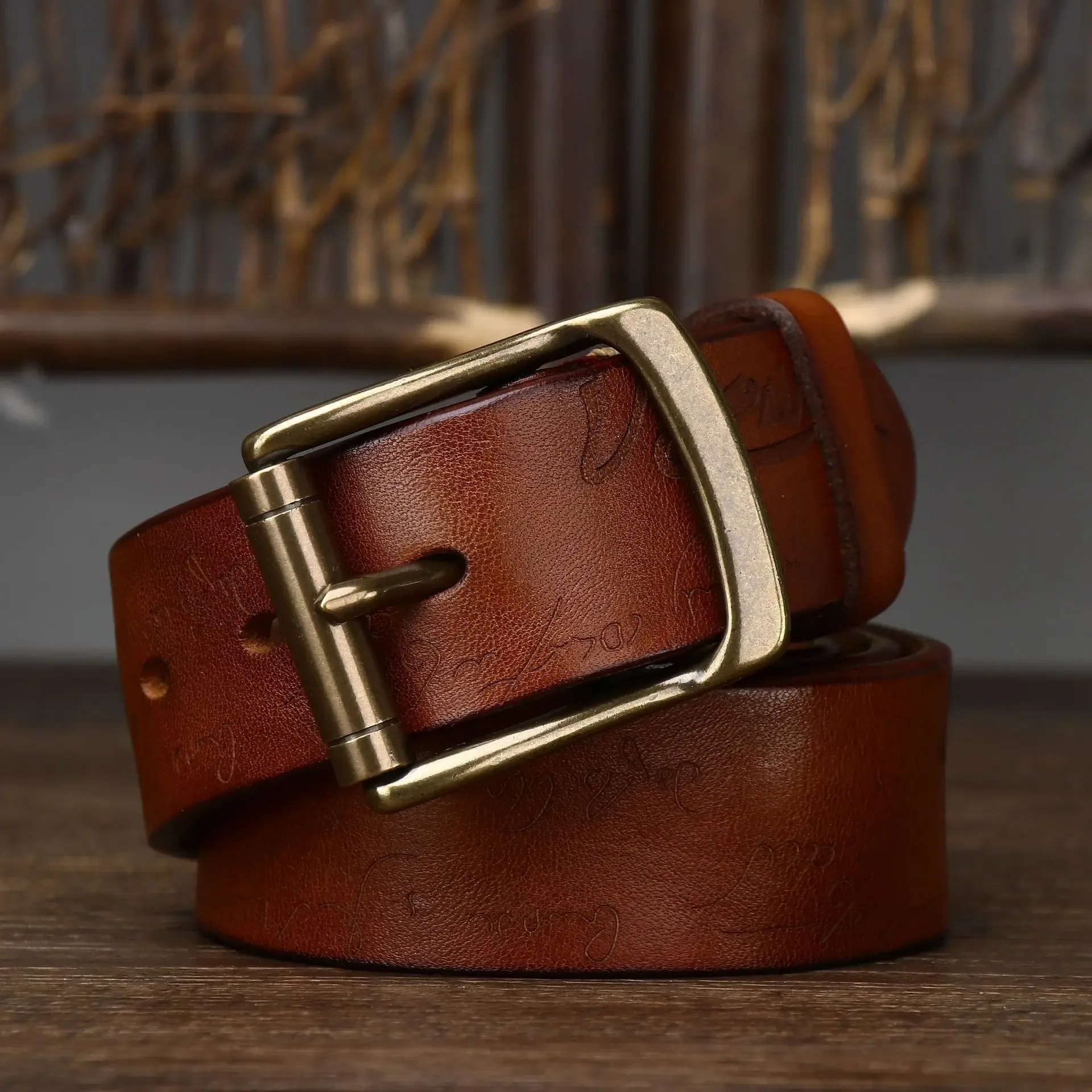 3.8CM Vintage Vintage Laser Carved Vegetable Tanned Belt, Men's Genuine Leather Top Layer, Pure Cowhide Copper Buckle Belt