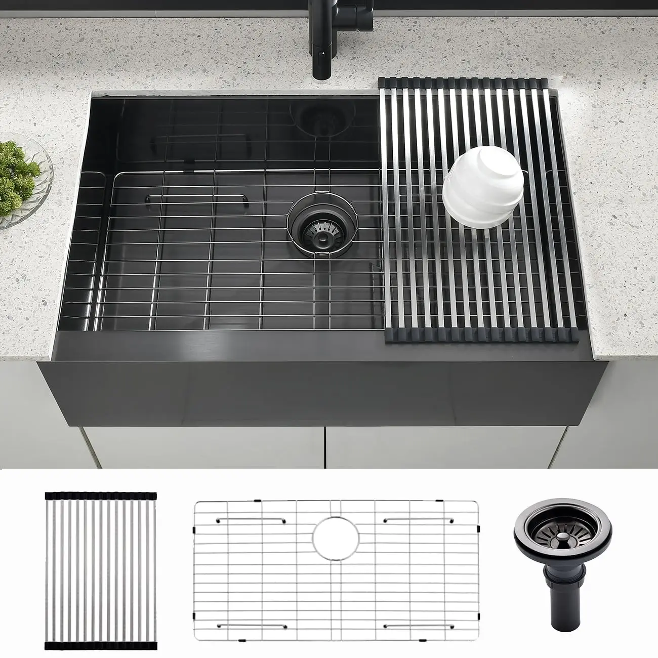 

33x20 Inch Matte Black 16 Gauge Stainless Steel Undermount Farm Sink With Grid And Roll-Up Drainer