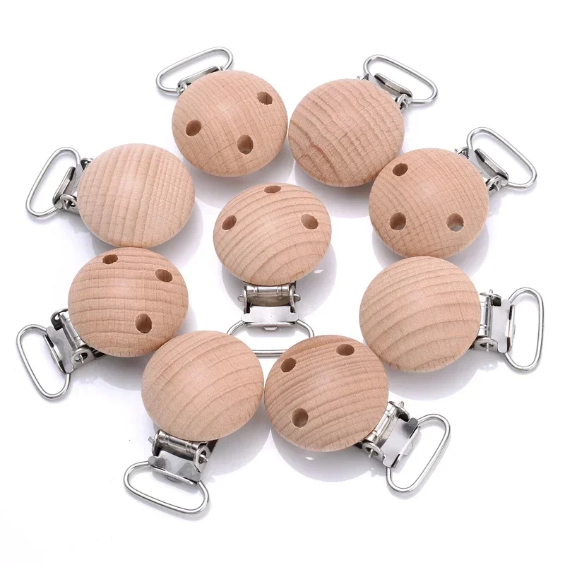 vvocci Wooden Pacifier Chain Natural Beech 10Pcs Dummy Holder Clips 30mm Round Wood Pacifier Clip Food Grade Teether Chew Toys