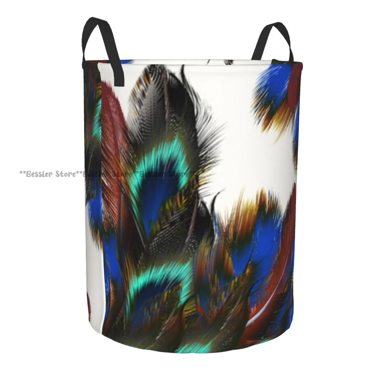 Laundry Basket Fashion Colorful Peacock Feathers Round Storage Bin Collapsible Hamper Clothes Bucket Organizer