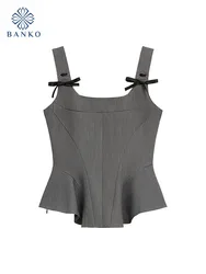 Korean Style Grey Elegant Bow Halter Top Women Luxury Sweet Sexy Slim Camisole Summer 2000s Aesthetic Coquette Gyaru Tees Trend