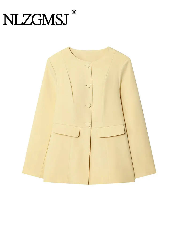 

NLZGMSJ женские шикарные куртки однотонные однобортные пальто с круглым вырезом и длинными рукавами новый модный осенний элегантный топ