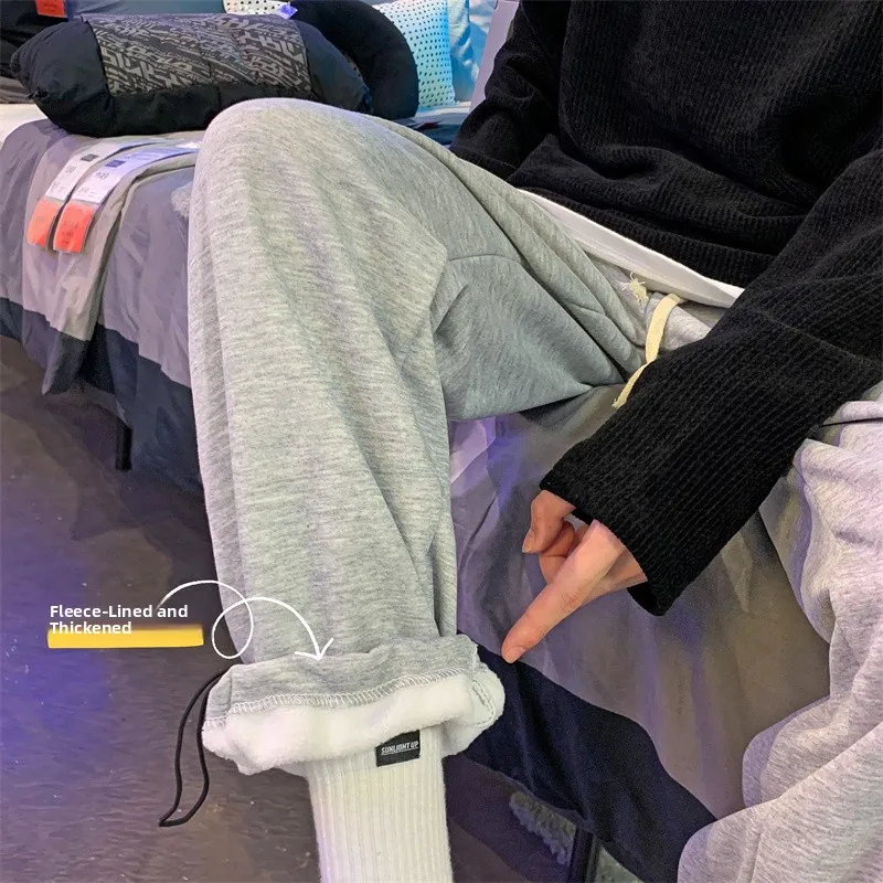 

Мужские осенне-зимние спортивные штаны с подкладкой Fce, свободные прямые корейские повседневные спортивные штаны с завязками и манжетами, девять точек...