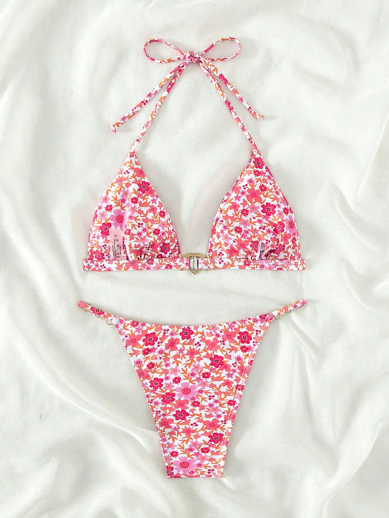 บิกินี่ลายดอกไม้พร้อมถ้วยสามเหลี่ยมดีไซน์เชือกแขวนคอสําหรับรวบรวมท่องชายหาด