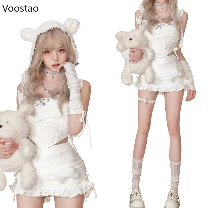 Y2k Aesthetic White 4 Piece Sets Women Gothic Print Vest Tops Bear Ear Hat Oversleeve Mini Skirts Female Korean Fashion Outfits