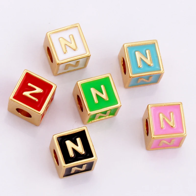 Square Cube Fashion Colorful Enamel Oil Dropped Initial Letter Name A-Z Beads,18K Gold Plated,Jewelry Necklace Findings P15