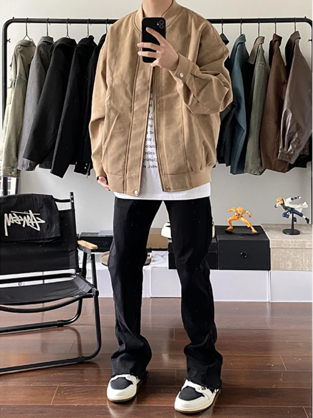 

Khaki Deer Skin Velvet Jaet Men's Autumn Winter Baseball Sle Pilot Coat Faionable Loose Fit Youthful Trendy Outerwear