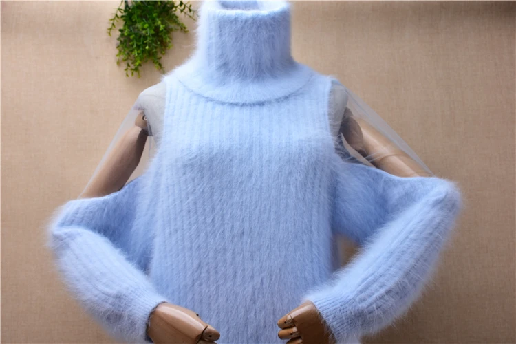 Fall Winter Clothing Female Women Hairy Mink Cashmere Knitted Off Shoulder Sleeves Turtleneck Striped Loose Pullover Sweater Top