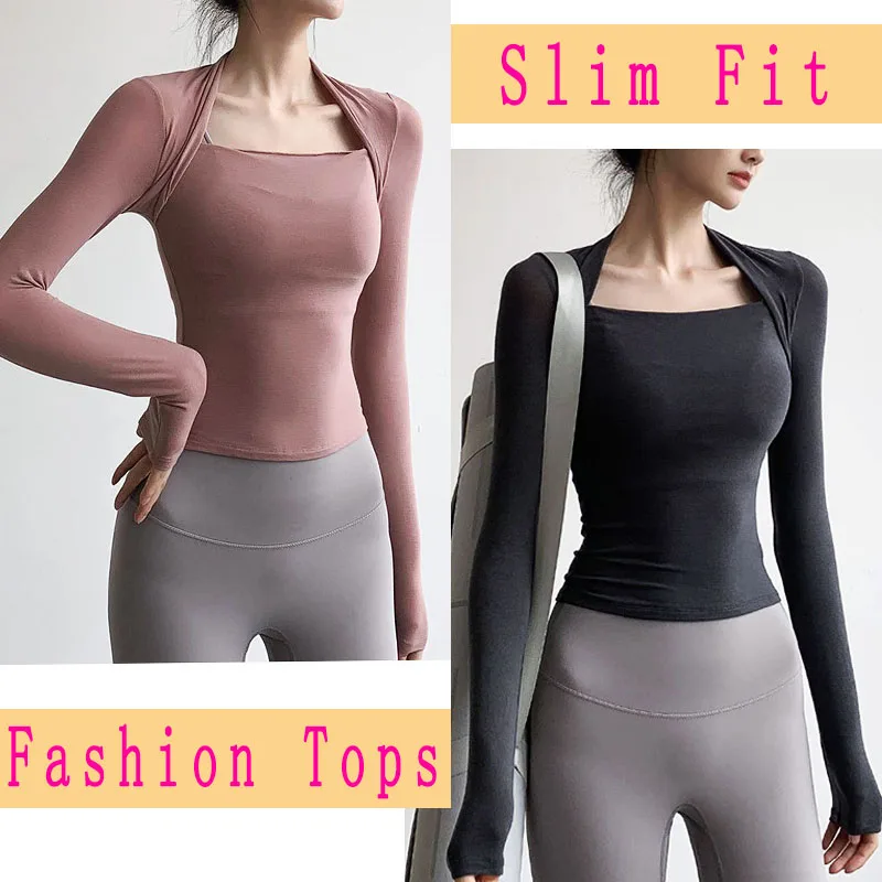 PofyBofy Lightweight Square Neck Quick Dry Slim Fit Stretchy Women Long Sleeve T-shirt Fitness Dance Gym Yoga Pilates Casual Top