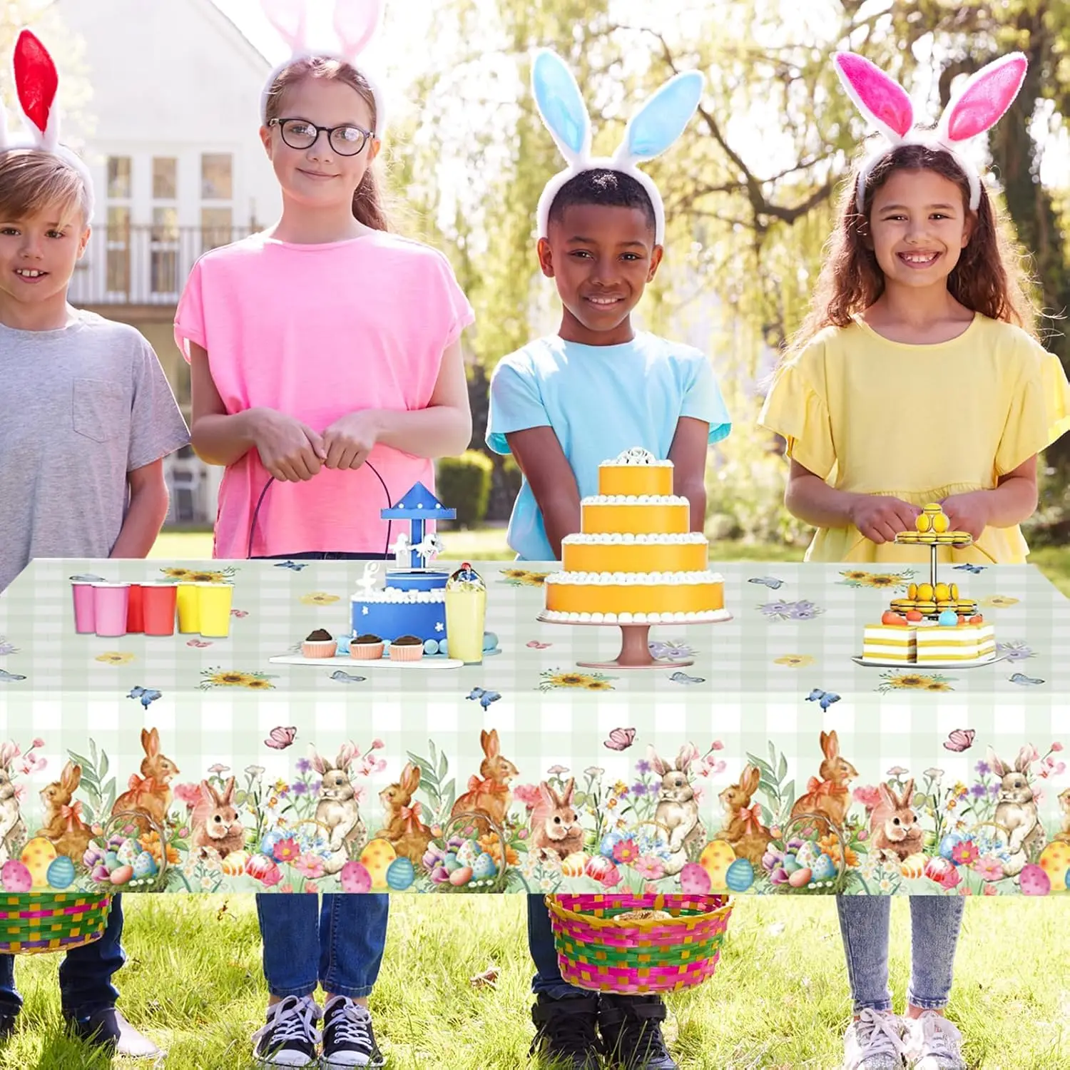 137x274cm Vintage Theme Easter Bunny Egg Party Tablecloth Disposable Holiday Celebration Decor Festive Dinner Party Supplies