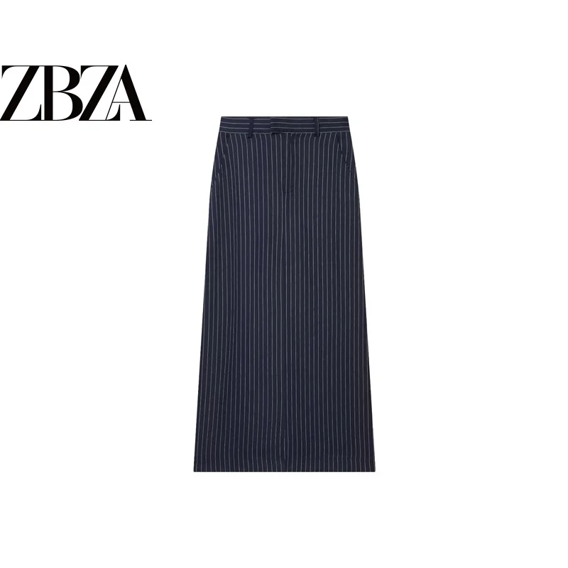 High Waist Slim Fit Straight Cut Midi Skirt Fashionable Vintage Striped Split Design Women's Premium Quality Polyester Skirt